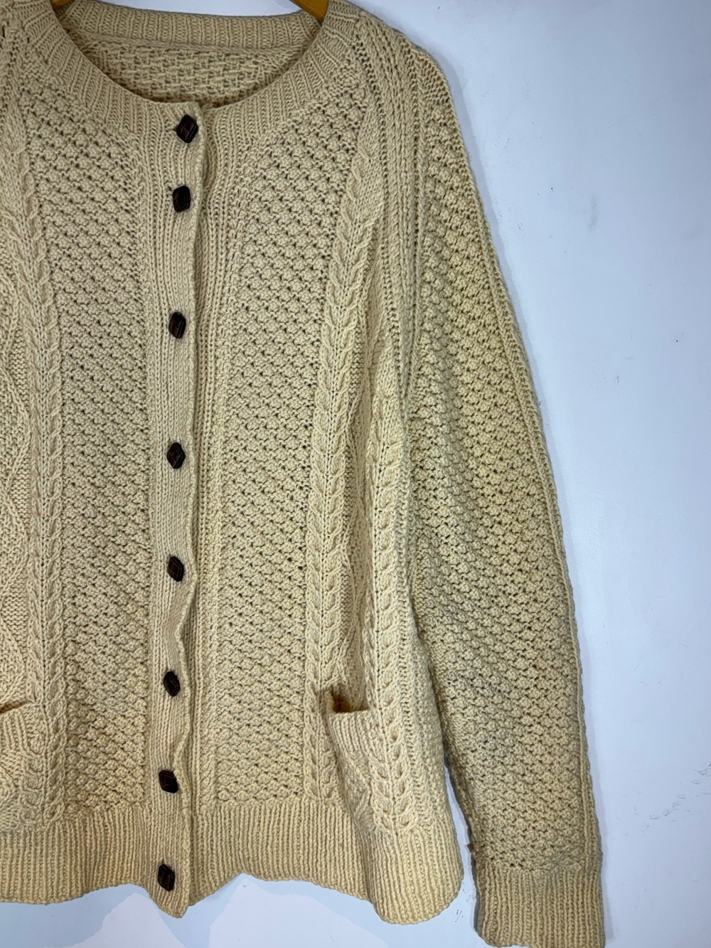Vintage Wool Fisherman Cable Knit Cardigan Sweater XL Cream - Picture 4 of 10